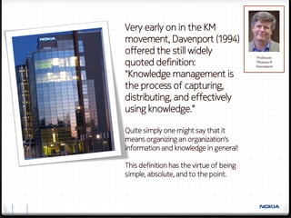 Very early on in the KM
    movement, Davenport (1994)
    offered the still widely
                                              Professor
    quoted definition:                        Thomas H
                                              Davenport

    "Knowledge management is
    the process of capturing,
    distributing, and effectively
    using knowledge.“

    Quite simply one might say that it
    means organizing an organization's
    information and knowledge in general!

    This definition has the virtue of being
    simple, absolute, and to the point.



3
 