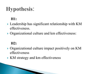 H1:
 Leadership has significant relationship with KM
effectiveness.
 Organizational culture and km effectiveness:
H2:
 Organizational culture impact positively on KM
effectiveness
 KM strategy and km effectiveness
 