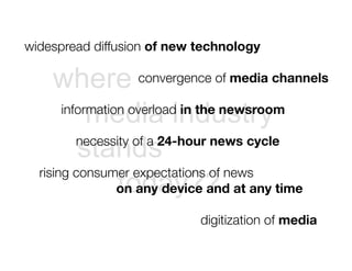 widespread diffusion of new technology"

     where convergence of media channels"
            media industry
       information overload in the newsroom "


          stands
          necessity of a 24-hour news cycle"

  rising consumer expectations of news "
                 today??
                 on any device and at any time"

                             digitization of media"
 