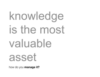 knowledge
is the most
valuable
asset
how do you manage it?
 