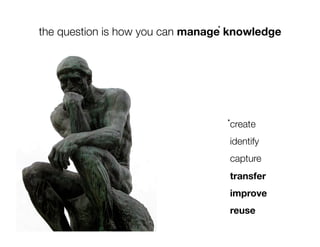 *
the question is how you can manage knowledge




                                     *
                                      create
                                      identify
                                      capture
                                      transfer
                                      improve
                                      reuse
 