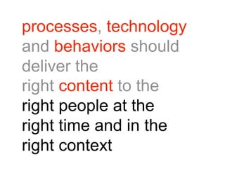 processes, technology
and behaviors should
deliver the
right content to the
right people at the
right time and in the
right context
 