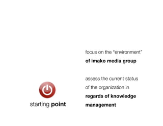 focus on the “environment” 
                  of imako media group"


                  assess the current status 
                  of the organization in "
                  regards of knowledge
starting point
   management 
 