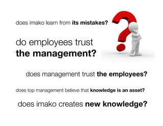 does imako learn from its mistakes?


do employees trust 
the management?

    does management trust the employees?

does top management believe that knowledge is an asset? 

does imako creates new knowledge?
 