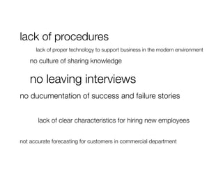 lack of procedures
      lack of proper technology to support business in the modern environment 

   
no culture of sharing knowledge

  
no leaving interviews
no ducumentation of success and failure stories


   
 
lack of clear characteristics for hiring new employees


not accurate forecasting for customers in commercial department
 