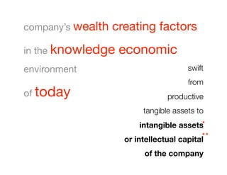 company’s wealth   creating factors
in the knowledge    economic
environment 
                           swift 
                                        from
of today
                        productive 
                          tangible assets to 
                         intangible assets*

                                             *
*
                     or intellectual capital 
                           of the company
 