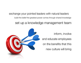 exchange your pointed leaders with natural leaders
    build the belief the greatest power comes through shared knowledge

     set up a knowledge management team


                                                  inform, involve 
                                    and educate employees 
                                     on the beneﬁts that this 
                                        new culture will bring
 