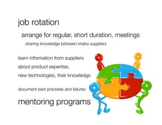 job rotation
 arrange for regular, short duration, meetings
   
sharing knowledge between imako suppliers


learn information from suppliers 
about product expertise, 
new technologies, their knowledge 

document best practises and failures


mentoring programs 
 