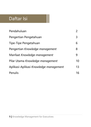 1 | Knowledge Management for Executives
Pendahuluan 2
Pengertian Pengetahuan 3
Tipe-Tipe Pengetahuan 6
Pengertian Knowledge management 8
Manfaat Knowledge management 9
Pilar Utama Knowledge management 10
Aplikasi-Aplikasi Knowledge management 13
Penulis 16
Daftar Isi
 
