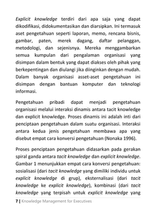 7 | Knowledge Management for Executives
Explicit knowledge terdiri dari apa saja yang dapat
dikodifikasi, didokumentasikan dan diarsipkan. Ini termasuk
aset pengetahuan seperti laporan, memo, rencana bisnis,
gambar, paten, merek dagang, daftar pelanggan,
metodologi, dan sejenisnya. Mereka menggambarkan
semua kumpulan dari pengalaman organisasi yang
disimpan dalam bentuk yang dapat diakses oleh pihak yang
berkepentingan dan diulangi jika diinginkan dengan mudah.
Dalam banyak organisasi asset-aset pengetahuan ini
disimpan dengan bantuan komputer dan teknologi
informasi.
Pengetahuan pribadi dapat menjadi pengetahuan
organisasi melalui interaksi dinamis antara tacit knowledge
dan explicit knowledge. Proses dinamis ini adalah inti dari
penciptaan pengetahuan dalam suatu organisasi. Interaksi
antara kedua jenis pengetahuan membawa apa yang
disebut empat cara konversi pengetahuan (Nonaka 1996).
Proses penciptaan pengetahuan didasarkan pada gerakan
spiral ganda antara tacit knowledge dan explicit knowledge.
Gambar 1 menunjukkan empat cara konversi pengetahuan:
sosialisasi (dari tacit knowledge yang dimiliki individu untuk
explicit knowledge di grup), eksternalisasi (dari tacit
knowledge ke explicit knowledge), kombinasi (dari tacit
knowledge yang terpisah untuk explicit knowledge yang
 