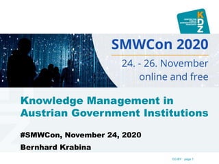 CC-BY · page 1
Knowledge Management in
Austrian Government Institutions
#SMWCon, November 24, 2020
Bernhard Krabina
 