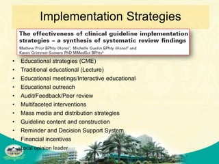 Implementation Strategies


•   Educational strategies (CME)
•   Traditional educational (Lecture)
•   Educational meetings/Interactive educational
•   Educational outreach
•   Audit/Feedback/Peer review
•   Multifaceted interventions
•   Mass media and distribution strategies
•   Guideline content and construction
•   Reminder and Decision Support System
•   Financial incentives
•   Local opinion leader
 