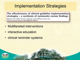 Implementation Strategies



• Multifaceted interventions
• interactive education
• clinical reminder systems
 