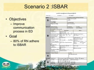 Scenario 2 :ISBAR

• Objectives
  – Improve
    communication
    process in ED
• Goal
  – 80% of RN adhere
    to ISBAR
 