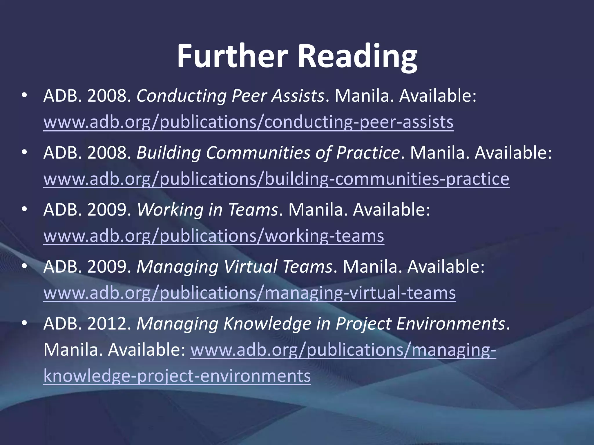 On Strategic Planning and Operations
To activate the transformation
of projects as knowledge
carriers to the future, the
priority of knowledge
management should be
reflected in strategy and its
operationalization, with
inputs at all stages from
communities of practice,
practice groups, and, of
course, offices and
departments.
Strategic plans should
systematically identify the
particular instruments needed
to enhance the organization's
knowledge management
capacities at the requisite
level, be it the global,
regional, national, provincial,
commune, or local level, or
else the industry, sector, or
market level.
 