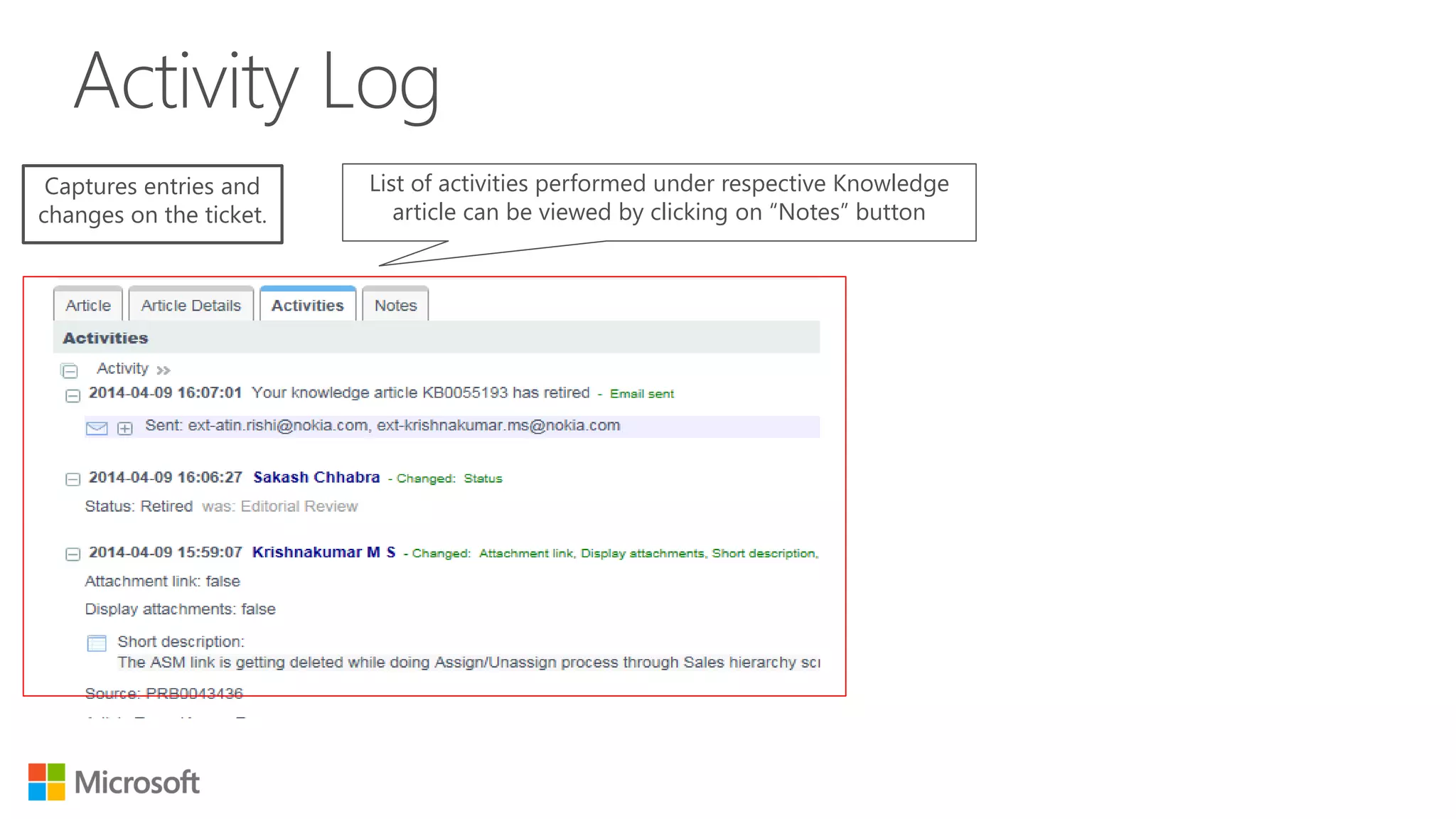 Captures entries and
changes on the ticket.
List of activities performed under respective Knowledge
article can be viewed by clicking on “Notes” button
 