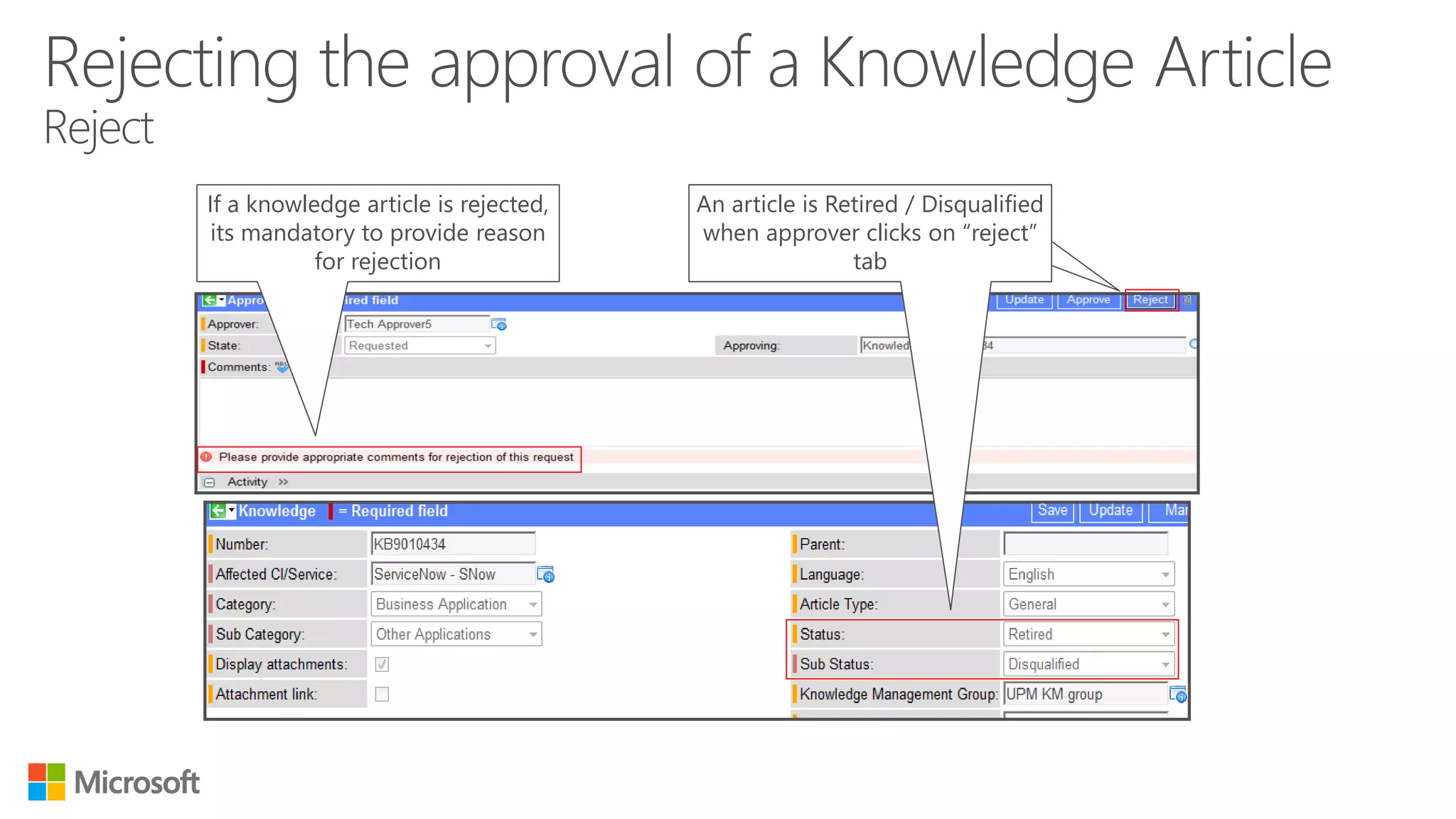 If a knowledge article is rejected,
its mandatory to provide reason
for rejection
An article is Retired or
Disqualified when approver clicks
on “reject” tab
An article is Retired / Disqualified
when approver clicks on “reject”
tab
 