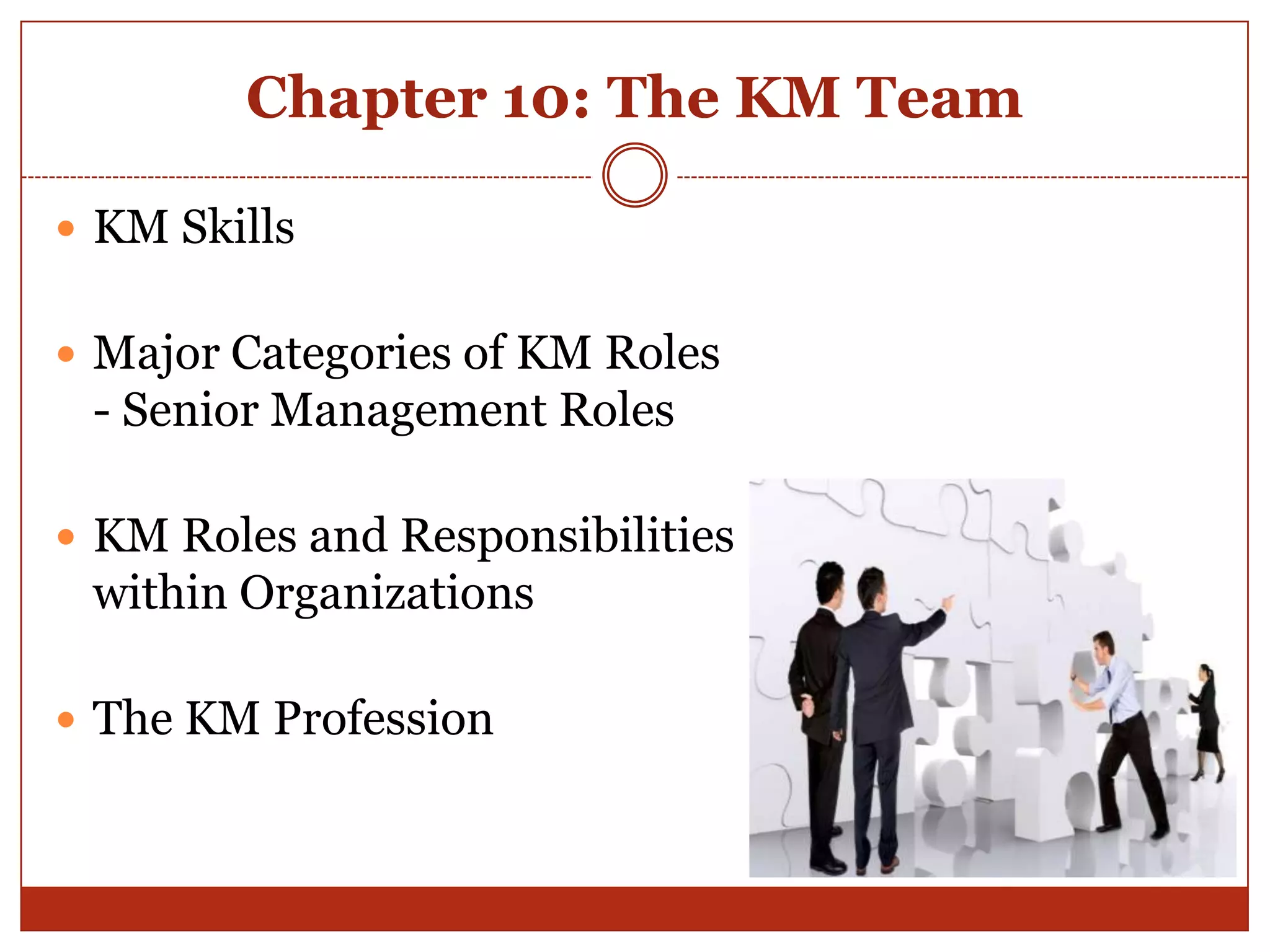 Chapter 10: The KM Team

 KM Skills


 Major Categories of KM Roles
 - Senior Management Roles

 KM Roles and Responsibilities
 within Organizations

 The KM Profession
 
