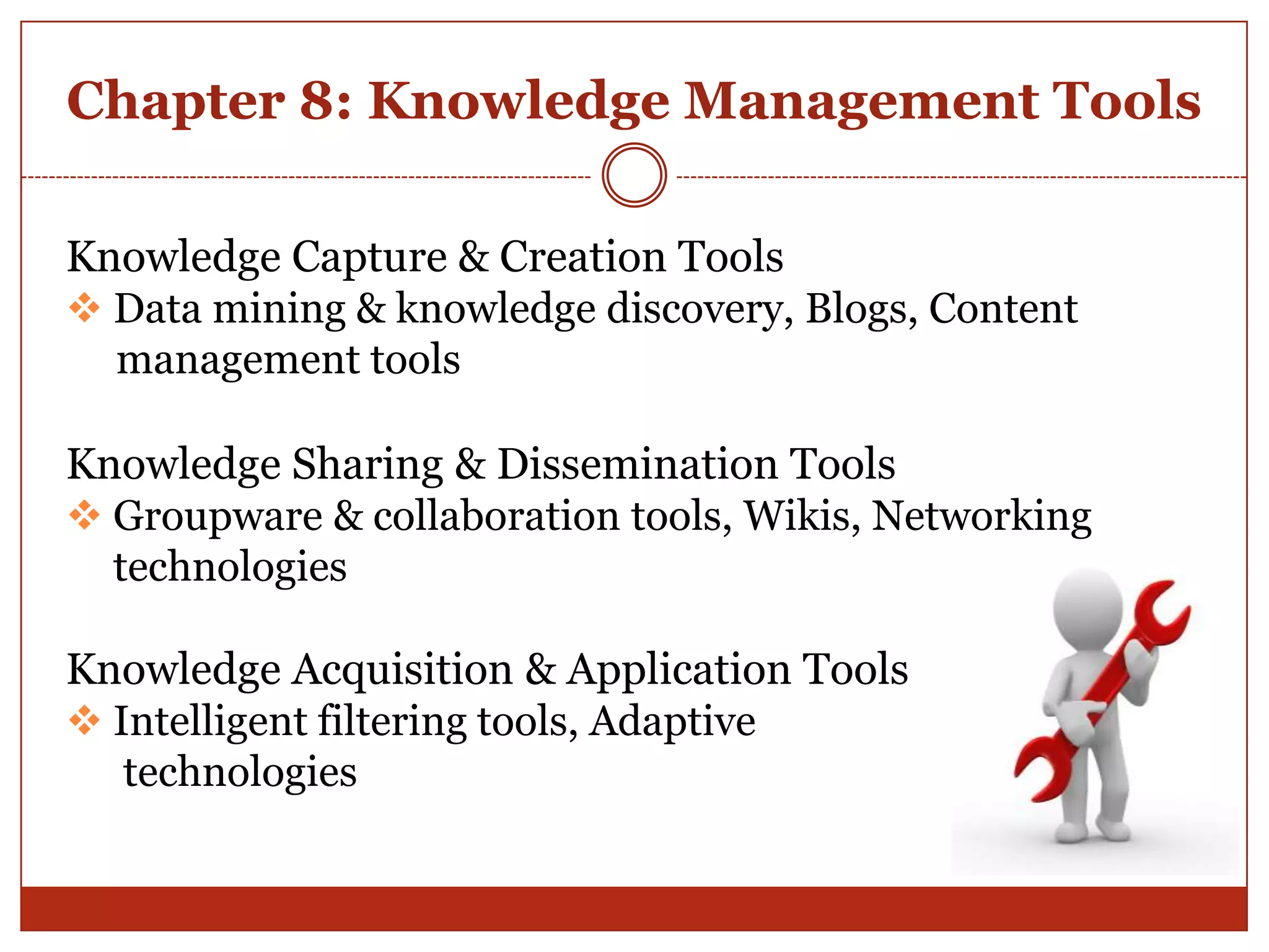 Chapter 8: Knowledge Management Tools

Knowledge Capture & Creation Tools
 Data mining & knowledge discovery, Blogs, Content
  management tools

Knowledge Sharing & Dissemination Tools
 Groupware & collaboration tools, Wikis, Networking
  technologies

Knowledge Acquisition & Application Tools
 Intelligent filtering tools, Adaptive
   technologies
 