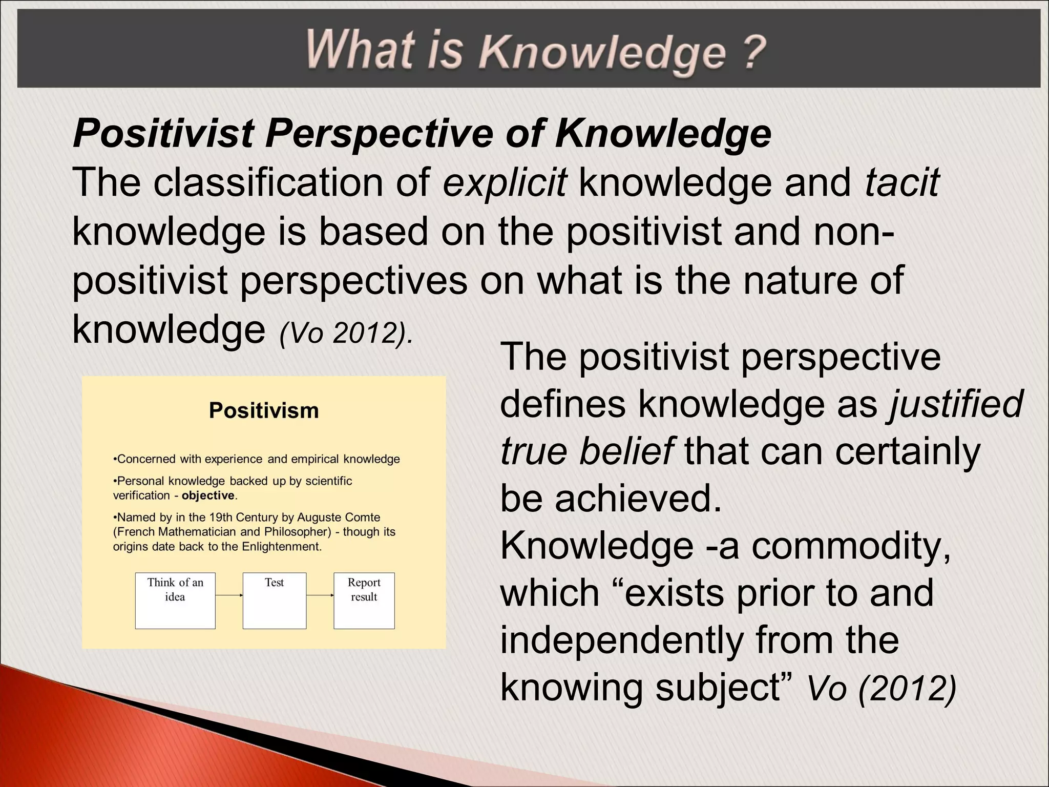 Positivist Perspective of Knowledge
The classification of explicit knowledge and tacit
knowledge is based on the positivist and non-
positivist perspectives on what is the nature of
knowledge (Vo 2012).
The positivist perspective
defines knowledge as justified
true belief that can certainly
be achieved.
Knowledge -a commodity,
which “exists prior to and
independently from the
knowing subject” Vo (2012)
 