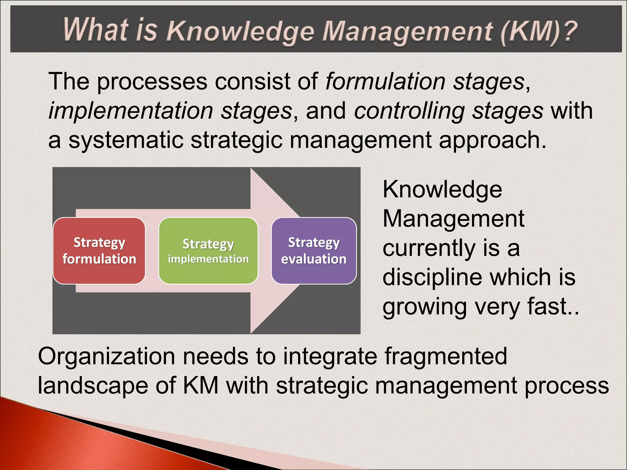 The processes consist of formulation stages,
implementation stages, and controlling stages with
a systematic strategic management approach.
Knowledge
Management
currently is a
discipline which is
growing very fast..
Organization needs to integrate fragmented
landscape of KM with strategic management process
 