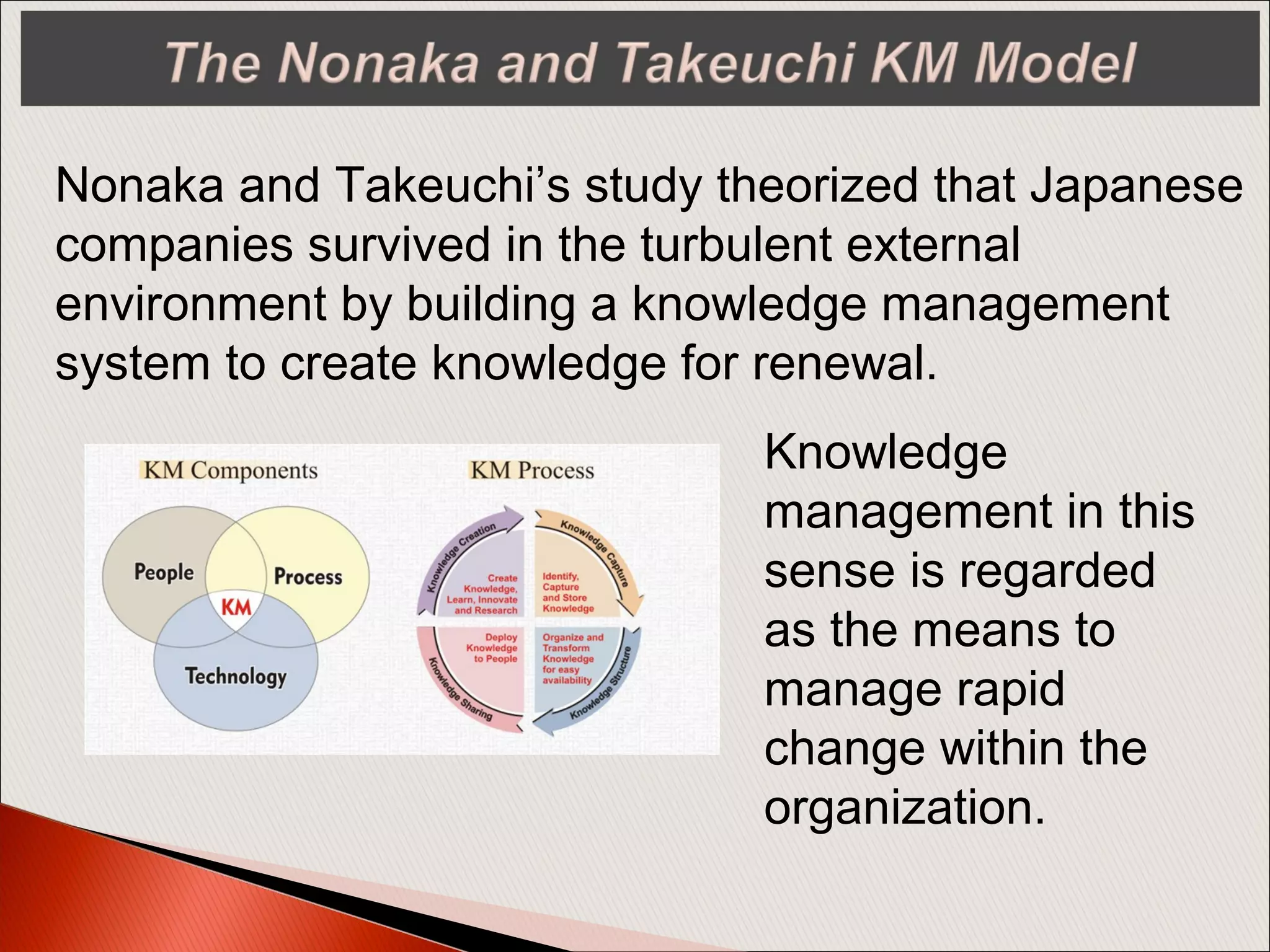 Nonaka and Takeuchi’s study theorized that Japanese
companies survived in the turbulent external
environment by building a knowledge management
system to create knowledge for renewal.
Knowledge
management in this
sense is regarded
as the means to
manage rapid
change within the
organization.
 