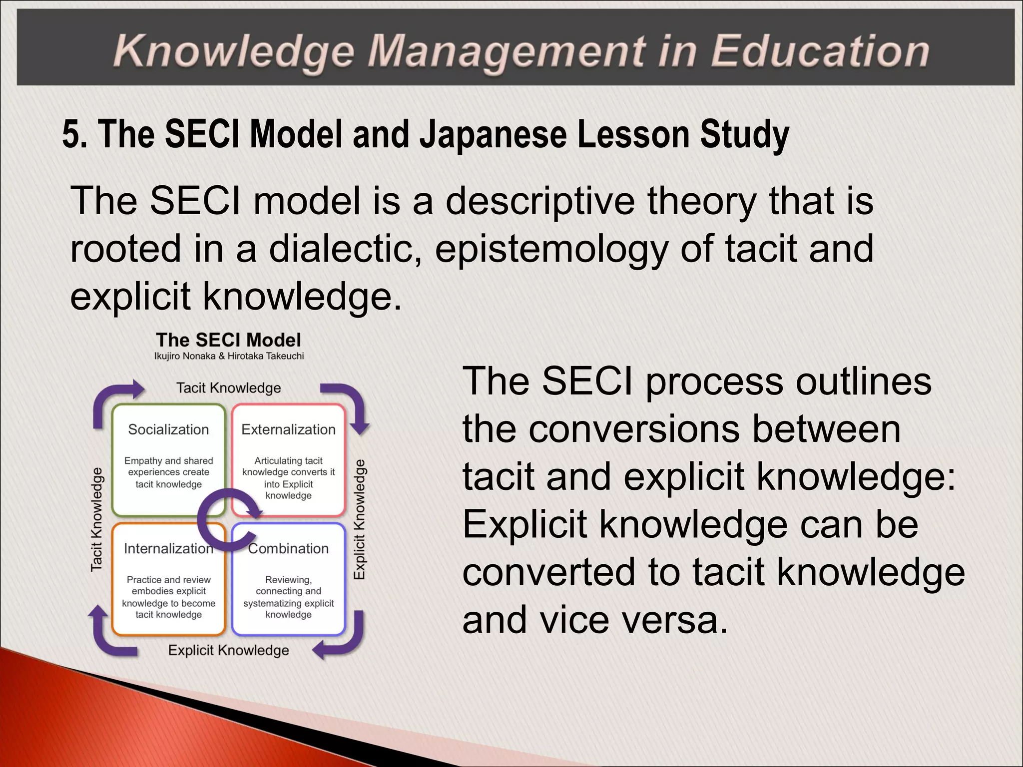 The SECI model is a descriptive theory that is
rooted in a dialectic, epistemology of tacit and
explicit knowledge.
The SECI process outlines
the conversions between
tacit and explicit knowledge:
Explicit knowledge can be
converted to tacit knowledge
and vice versa.
5. The SECI Model and Japanese Lesson Study
 
