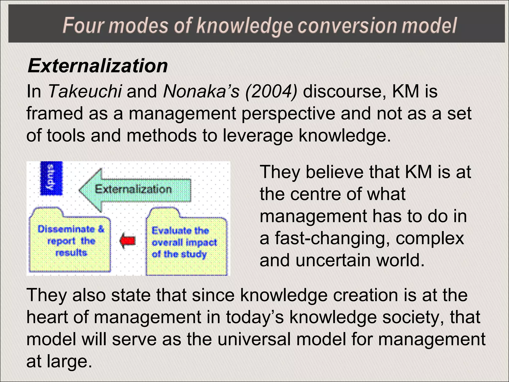 Externalization
In Takeuchi and Nonaka’s (2004) discourse, KM is
framed as a management perspective and not as a set
of tools and methods to leverage knowledge.
They believe that KM is at
the centre of what
management has to do in
a fast-changing, complex
and uncertain world.
They also state that since knowledge creation is at the
heart of management in today’s knowledge society, that
model will serve as the universal model for management
at large.
 