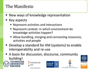 The Manifesto
 New ways of knowledge representation
 Key aspects
   Represent activities and interactions
   Represent context: in which environment do
    knowledge activities happen?
   Allow bundling, merging and connecting resources,
    activities and people
 Develop a standard for KM (systems) to enable
  interoperability and re-use
 A basis for discussion, discourse, community
  building!
                                                        14
 