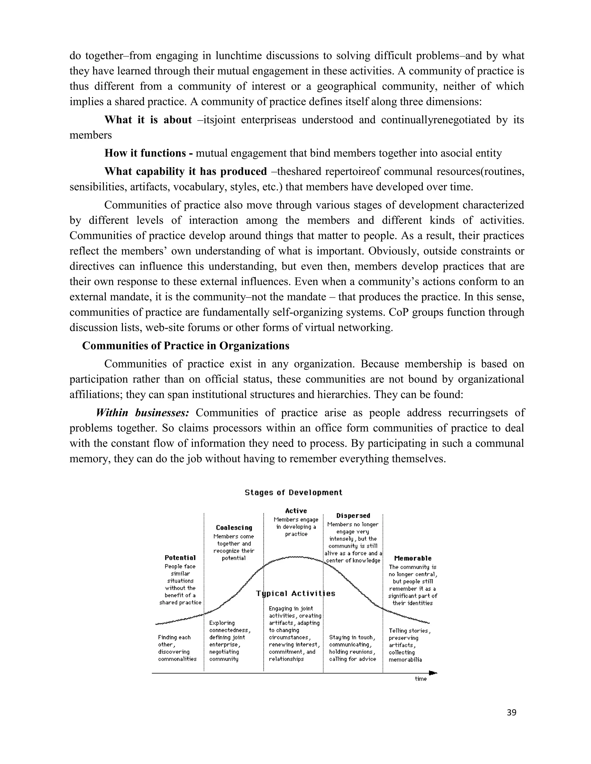 39
do together–from engaging in lunchtime discussions to solving difficult problems–and by what
they have learned through their mutual engagement in these activities. A community of practice is
thus different from a community of interest or a geographical community, neither of which
implies a shared practice. A community of practice defines itself along three dimensions:
What it is about –itsjoint enterpriseas understood and continuallyrenegotiated by its
members
How it functions - mutual engagement that bind members together into asocial entity
What capability it has produced –theshared repertoireof communal resources(routines,
sensibilities, artifacts, vocabulary, styles, etc.) that members have developed over time.
Communities of practice also move through various stages of development characterized
by different levels of interaction among the members and different kinds of activities.
Communities of practice develop around things that matter to people. As a result, their practices
reflect the members’ own understanding of what is important. Obviously, outside constraints or
directives can influence this understanding, but even then, members develop practices that are
their own response to these external influences. Even when a community’s actions conform to an
external mandate, it is the community–not the mandate – that produces the practice. In this sense,
communities of practice are fundamentally self-organizing systems. CoP groups function through
discussion lists, web-site forums or other forms of virtual networking.
Communities of Practice in Organizations
Communities of practice exist in any organization. Because membership is based on
participation rather than on official status, these communities are not bound by organizational
affiliations; they can span institutional structures and hierarchies. They can be found:
Within businesses: Communities of practice arise as people address recurringsets of
problems together. So claims processors within an office form communities of practice to deal
with the constant flow of information they need to process. By participating in such a communal
memory, they can do the job without having to remember everything themselves.
 
