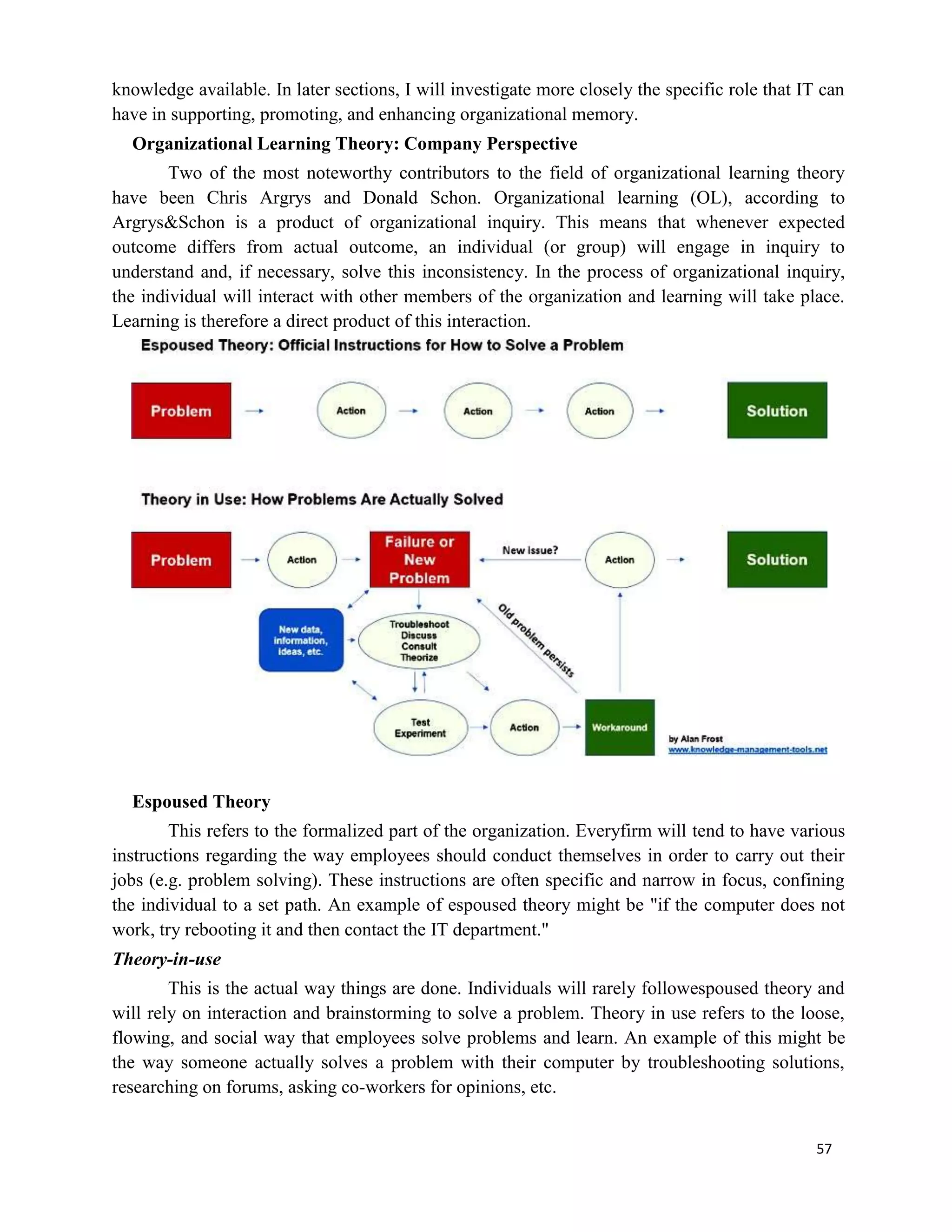 57
knowledge available. In later sections, I will investigate more closely the specific role that IT can
have in supporting, promoting, and enhancing organizational memory.
Organizational Learning Theory: Company Perspective
Two of the most noteworthy contributors to the field of organizational learning theory
have been Chris Argrys and Donald Schon. Organizational learning (OL), according to
Argrys&Schon is a product of organizational inquiry. This means that whenever expected
outcome differs from actual outcome, an individual (or group) will engage in inquiry to
understand and, if necessary, solve this inconsistency. In the process of organizational inquiry,
the individual will interact with other members of the organization and learning will take place.
Learning is therefore a direct product of this interaction.
Espoused Theory
This refers to the formalized part of the organization. Everyfirm will tend to have various
instructions regarding the way employees should conduct themselves in order to carry out their
jobs (e.g. problem solving). These instructions are often specific and narrow in focus, confining
the individual to a set path. An example of espoused theory might be "if the computer does not
work, try rebooting it and then contact the IT department."
Theory-in-use
This is the actual way things are done. Individuals will rarely followespoused theory and
will rely on interaction and brainstorming to solve a problem. Theory in use refers to the loose,
flowing, and social way that employees solve problems and learn. An example of this might be
the way someone actually solves a problem with their computer by troubleshooting solutions,
researching on forums, asking co-workers for opinions, etc.
 
