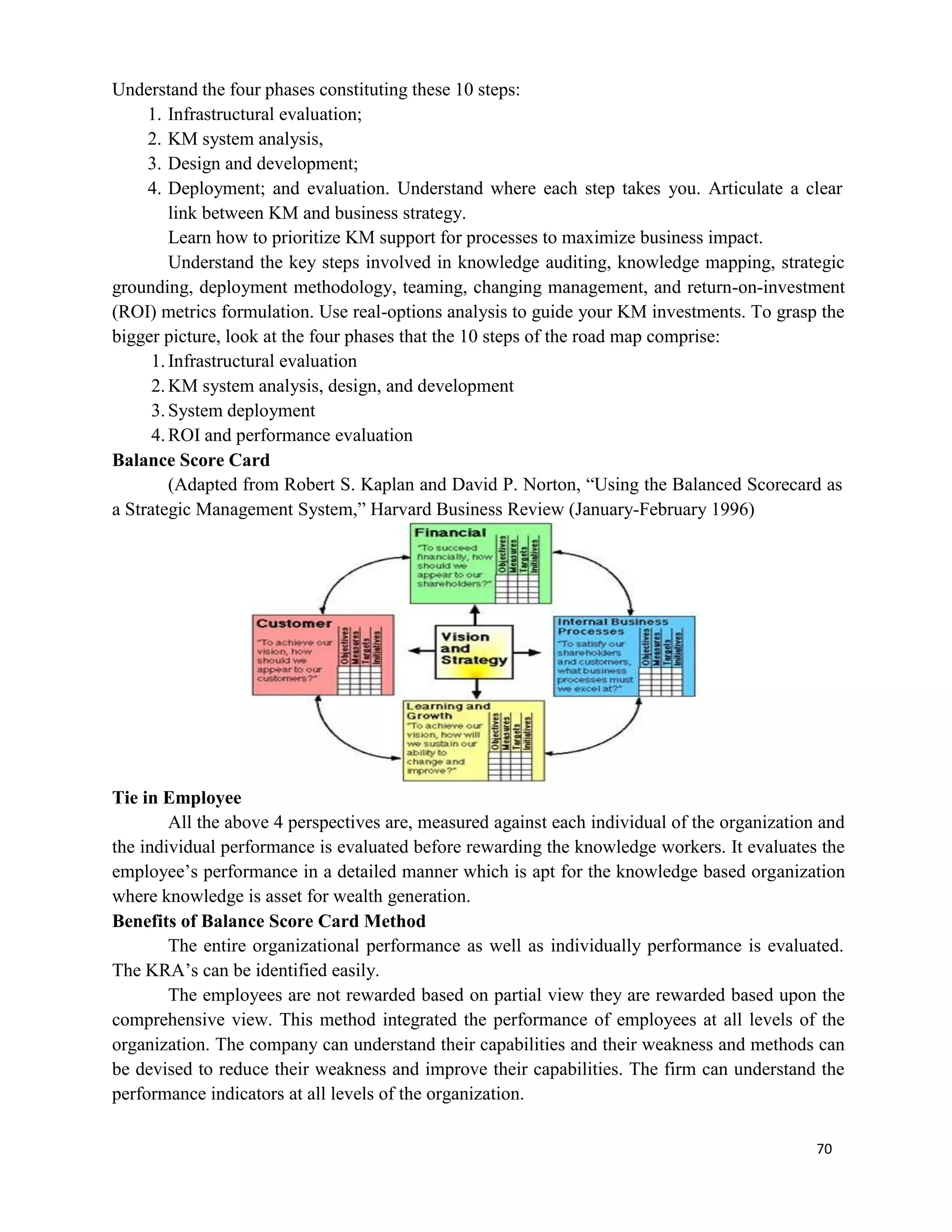 70
Understand the four phases constituting these 10 steps:
1. Infrastructural evaluation;
2. KM system analysis,
3. Design and development;
4. Deployment; and evaluation. Understand where each step takes you. Articulate a clear
link between KM and business strategy.
Learn how to prioritize KM support for processes to maximize business impact.
Understand the key steps involved in knowledge auditing, knowledge mapping, strategic
grounding, deployment methodology, teaming, changing management, and return-on-investment
(ROI) metrics formulation. Use real-options analysis to guide your KM investments. To grasp the
bigger picture, look at the four phases that the 10 steps of the road map comprise:
1.Infrastructural evaluation
2.KM system analysis, design, and development
3.System deployment
4.ROI and performance evaluation
Balance Score Card
(Adapted from Robert S. Kaplan and David P. Norton, “Using the Balanced Scorecard as
a Strategic Management System,” Harvard Business Review (January-February 1996)
Tie in Employee
All the above 4 perspectives are, measured against each individual of the organization and
the individual performance is evaluated before rewarding the knowledge workers. It evaluates the
employee’s performance in a detailed manner which is apt for the knowledge based organization
where knowledge is asset for wealth generation.
Benefits of Balance Score Card Method
The entire organizational performance as well as individually performance is evaluated.
The KRA’s can be identified easily.
The employees are not rewarded based on partial view they are rewarded based upon the
comprehensive view. This method integrated the performance of employees at all levels of the
organization. The company can understand their capabilities and their weakness and methods can
be devised to reduce their weakness and improve their capabilities. The firm can understand the
performance indicators at all levels of the organization.
 