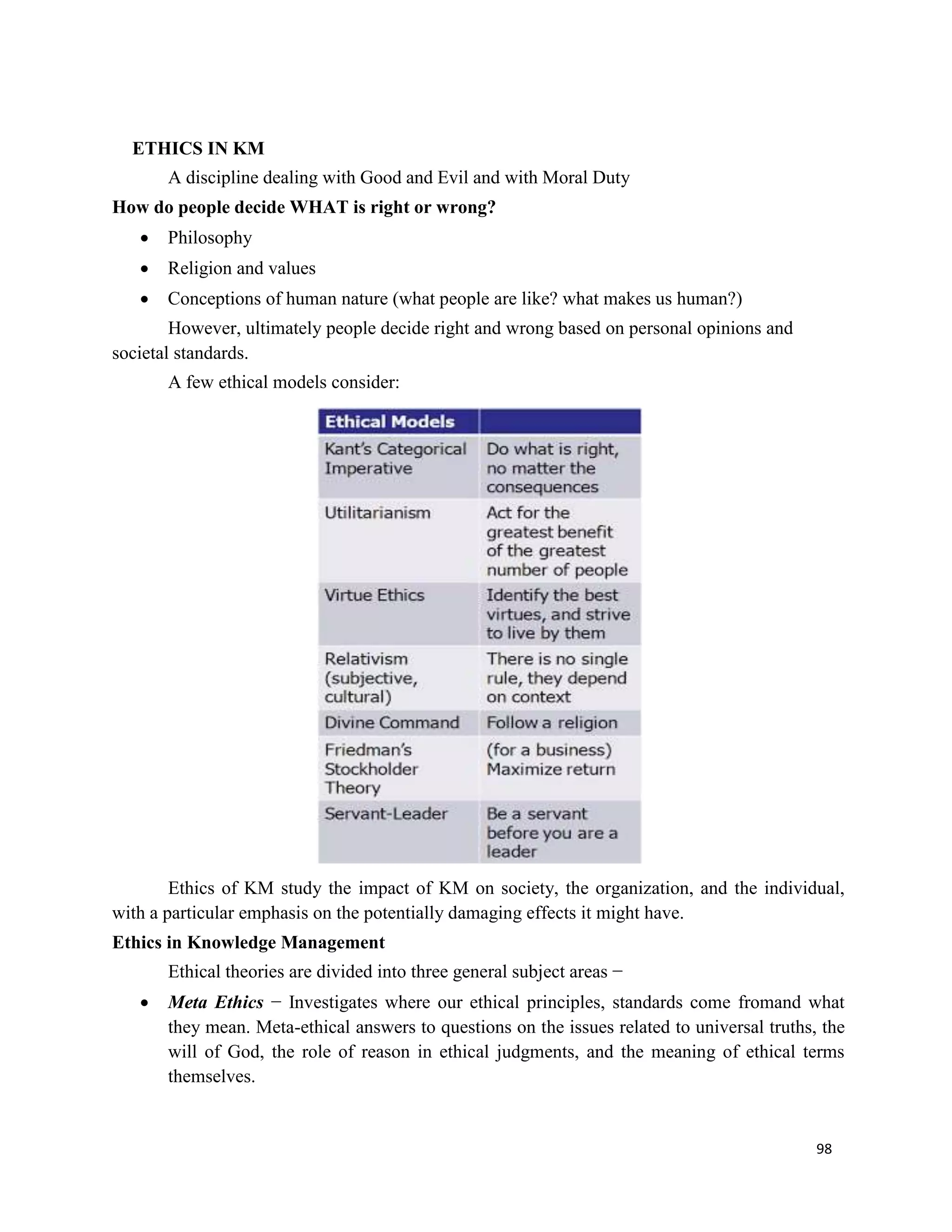 98
ETHICS IN KM
A discipline dealing with Good and Evil and with Moral Duty
How do people decide WHAT is right or wrong?
 Philosophy
 Religion and values
 Conceptions of human nature (what people are like? what makes us human?)
However, ultimately people decide right and wrong based on personal opinions and
societal standards.
A few ethical models consider:
Ethics of KM study the impact of KM on society, the organization, and the individual,
with a particular emphasis on the potentially damaging effects it might have.
Ethics in Knowledge Management
Ethical theories are divided into three general subject areas −
 Meta Ethics − Investigates where our ethical principles, standards come fromand what
they mean. Meta-ethical answers to questions on the issues related to universal truths, the
will of God, the role of reason in ethical judgments, and the meaning of ethical terms
themselves.
 