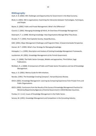 16


Bibliography
Asoh, D. B. (2002). KM: Challenges and Opportunities for Government in the New Economy.

Bhatt, G. (2001). KM in organisations: Examining the Interaction between Technologies, Techniques,
        and People.

Boyne, G. (2002). Public and Private Management: What’s the Difference?

Council, C. (2001). Managing Knowledge @ Work, An Overview of Knowledge Management.

Davenport, T. a. (1998). Working knowledge: How Organisations Manage What They Know.

Drucker, P. F. (1993). Post Capitalist Society, HarperBusiness,.

GAO. (2001). Major Management Challenges and Programm Risks: A Governmentwide Perspective.

Hansen, M. T. (1999). What’s Your Strategy for Managing Knowledge.

Holsapple, C. a. (1999). Description and Analysis of Existing Knowledge Management Frameworks.

Jussilaninen, M. (2001). Knowledge Management at the Finnish Government.

Lane, J. E. (2000). The Public Sector Concepts, Models and approaches, Third Edition, Sage
         Publications.

McAdam, R. a. (2000). A Comparison of Public and Private Sector Perceptions and Use of Knowledge
      Management.

Navy, U. D. (2001). Metrics Guide for KM Initiatives.

Nonaka. (1991). The Knowledge-Creating Company”, Harvard Business Review.

OECD. (2001). Knowledge Management: Learning-by-Comparing Experiences from Private Firms and
       Public Organisations.

OECD. (2003). Conclusions from the Results of the Survey of Knowledge Management Practices for
       Ministries/Departments/Agencies of Central Government in OECD Member Countries.

Pandya, X. C. (n.d.). Issues of Knowledge Management in the Public Sector.

Sarvary, M. (1991). Knowledge Management and Competition in the Consulting Industry.
 