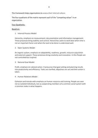 8


This framework helps organizations to assess their internal culture.

The four quadrants of the matrix represent each of the “competing values” in an
organization.

Four Quadrants-

Based on-

   1. Internal Process Model:

   Hierarchy, emphasis on measurement, documentation and information management.
   These processes bring stability and control. Hierarchies seem to work best when time is
   not an important factor and when the task to be done is understood well.

   2. Open Systems Model:

   An organic system, emphasis on adaptability, readiness, growth, resource acquisition
   and external support. These processes bring creativity and innovation. In this People are
   not controlled but inspired.

   3. Rational Goal Model:

   Profit, emphasis on rational action. It presumes that goal setting and planning results
   into productivity and efficiency. Tasks are clarified; objectives are set and then action is
   taken.

   4. Human Relations Model:

   Cohesion and morale with emphasis on human resource and training. People are seen
   not as isolated individuals, but as cooperating members of a common social system with
   a common stake in what happens.
 