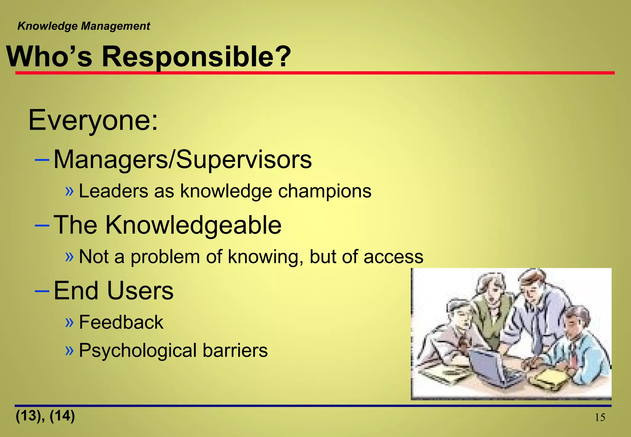 Knowledge Management
Who’s Responsible?
Everyone:
–Managers/Supervisors
» Leaders as knowledge champions
–The Knowledgeable
» Not a problem of knowing, but of access
–End Users
» Feedback
» Psychological barriers
15(13), (14)
 