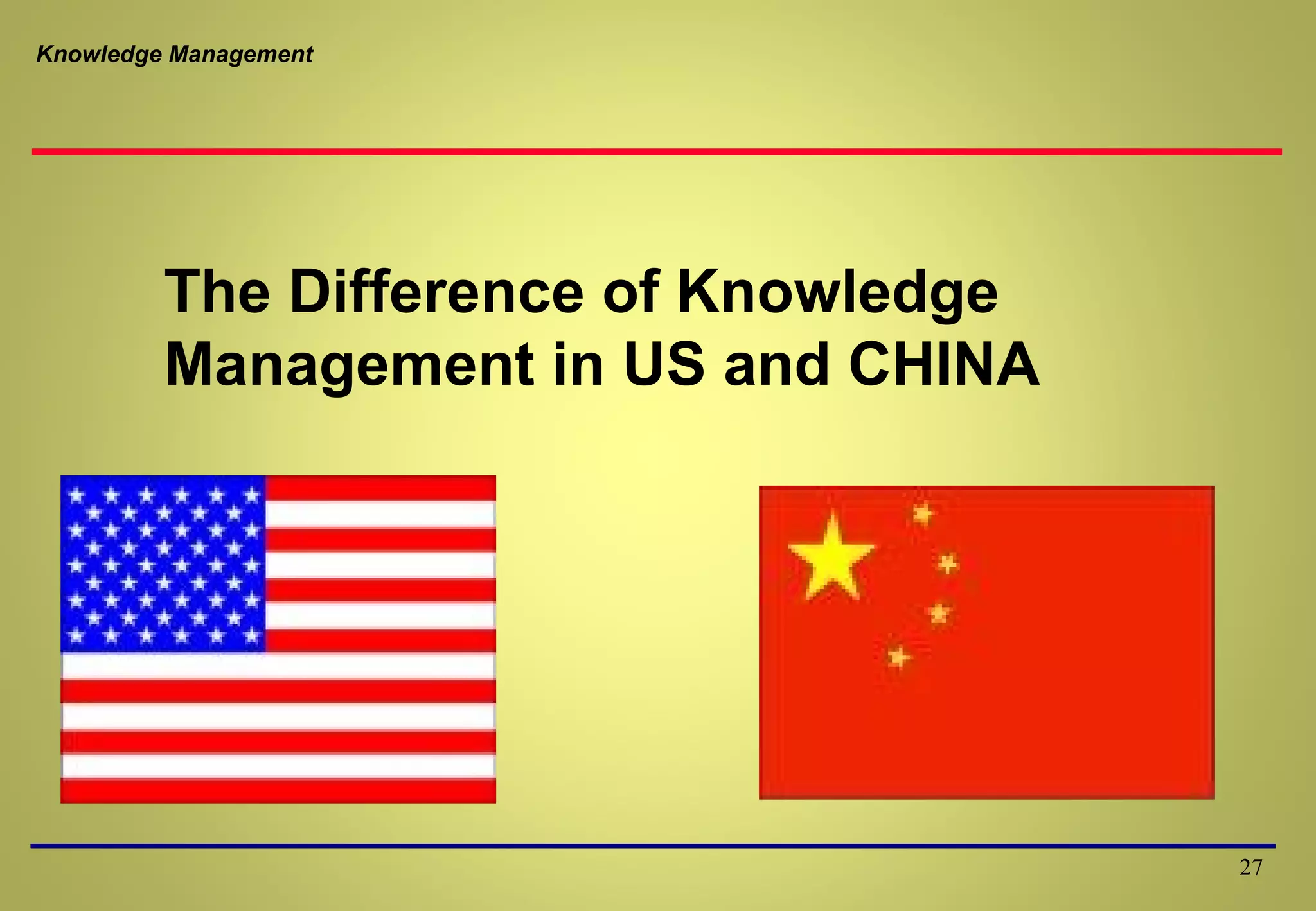 Knowledge Management
The Difference of Knowledge
Management in US and CHINA
27
 