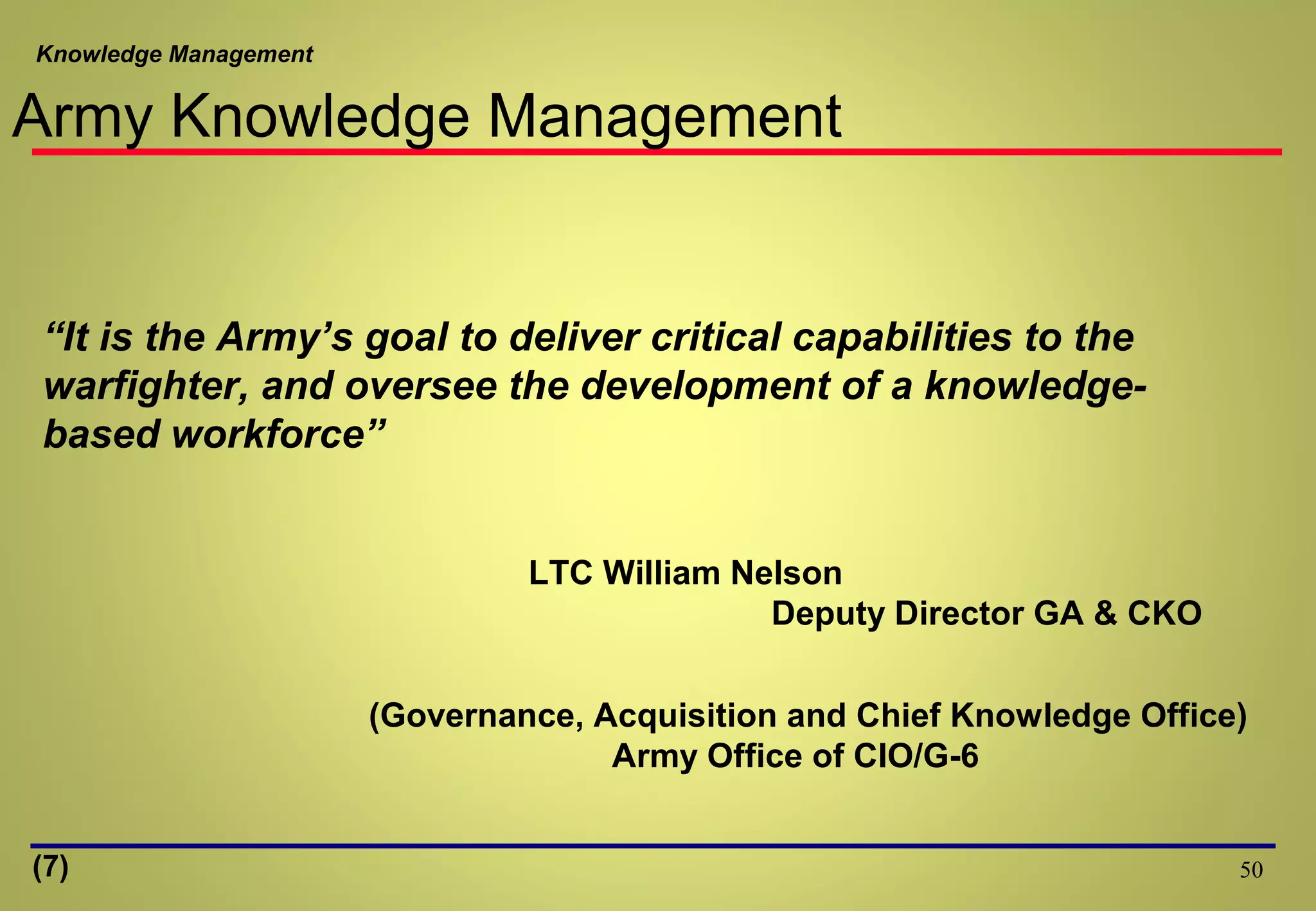 Knowledge Management
50
“It is the Army’s goal to deliver critical capabilities to the
warfighter, and oversee the development of a knowledge-
based workforce”
LTC William Nelson
Deputy Director GA & CKO
(Governance, Acquisition and Chief Knowledge Office)
Army Office of CIO/G-6
Army Knowledge Management
(7)
 