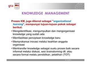 KNOWLEDGE MANAGEMENT

Proses KM, juga dikenal sebagai "organizational
 learning", mempunyai tujuan-tujuan pokok sebagai
 berikut:
 Mengidentifikasi, mengumpulkan dan mengorganisasi
 knowledge yang sudah ada
 Memfasilitasi penciptaan knowledge baru
 Memprakarsai inovasi melalui keahlian anggota
 organisasi
 Mentransfer knowledge sebagai suatu proses baik secara
 informal melalui diskusi, sesi brainstorming dll. atau
 secara formal melalu pendidikan, pelatihan (TOT)
                                           13.12.2011
                                             13.12.2011   Seite 8
                                                          Seite 8
 