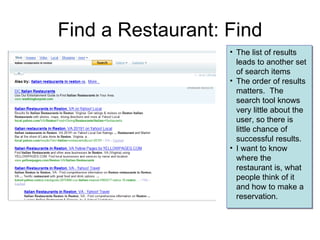 Find a Restaurant: Find The list of results leads to another set of search items The order of results matters.  The search tool knows very little about the user, so there is little chance of successful results. I want to know where the restaurant is, what people think of it and how to make a reservation. 
