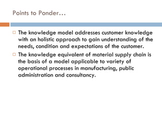 Points to Ponder… The knowledge model addresses customer knowledge with an holistic approach to gain understanding of the needs, condition and expectations of the customer. The knowledge equivalent of material supply chain is the basis of a model applicable to variety of operational processes in manufacturing, public administration and consultancy. 