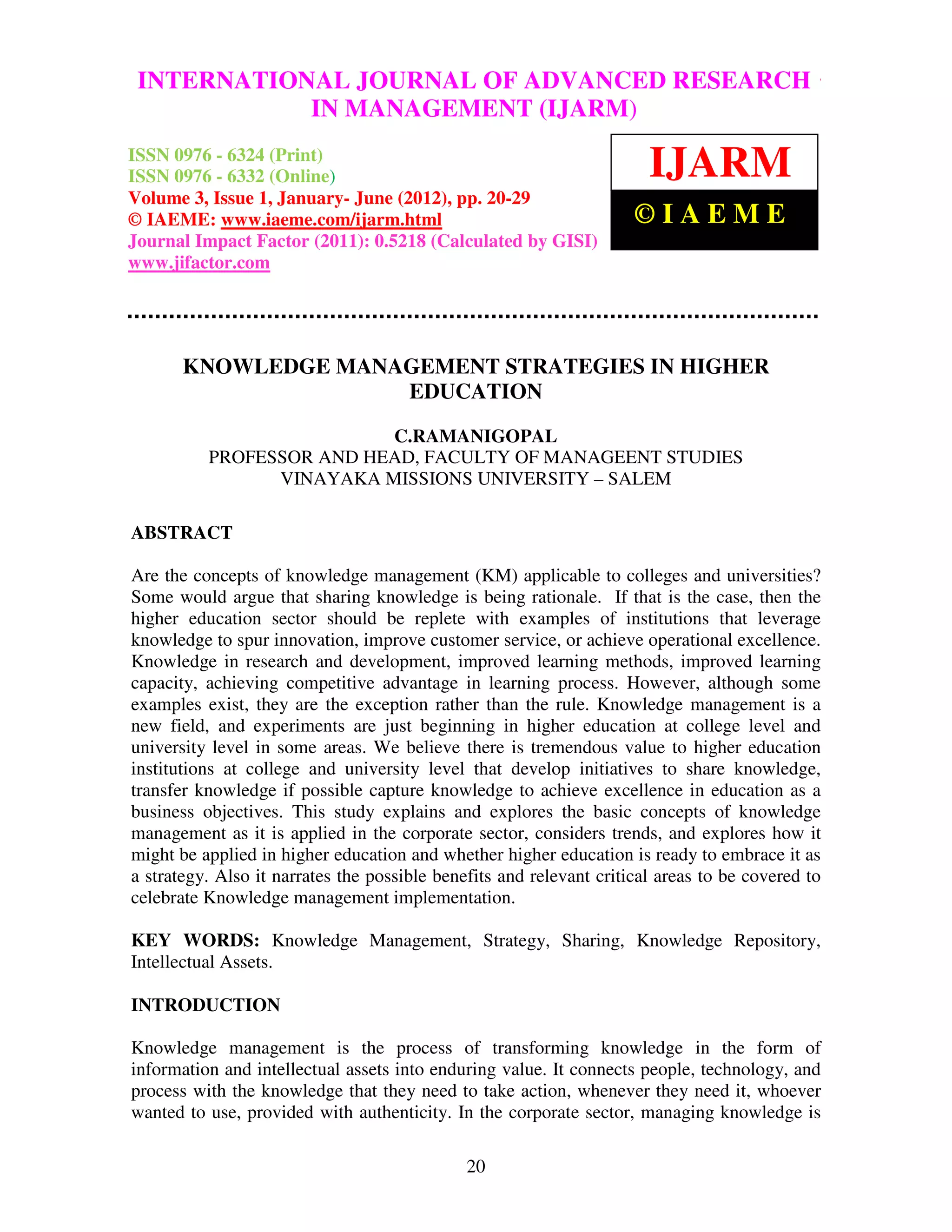 Knowledge management strategies in higher education | PDF