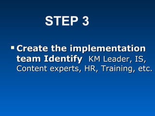  Create the implementationCreate the implementation
team Identifyteam Identify KM Leader, IS,KM Leader, IS,
Content experts, HR, Training, etc.Content experts, HR, Training, etc.
STEP 3
 