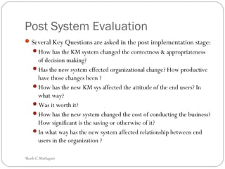 Post System Evaluation
Several Key Questions are asked in the post implementation stage:
How has the KM system changed the correctness & appropriateness
of decision making?
Has the new system effected organizational change? How productive
have those changes been ?
How has the new KM sys affected the attitude of the end users? In
what way?
Was it worth it?
How has the new system changed the cost of conducting the business?
How significant is the saving or otherwise of it?
In what way has the new system affected relationship between end
users in the organization ?
Akash C.Mathapati
 