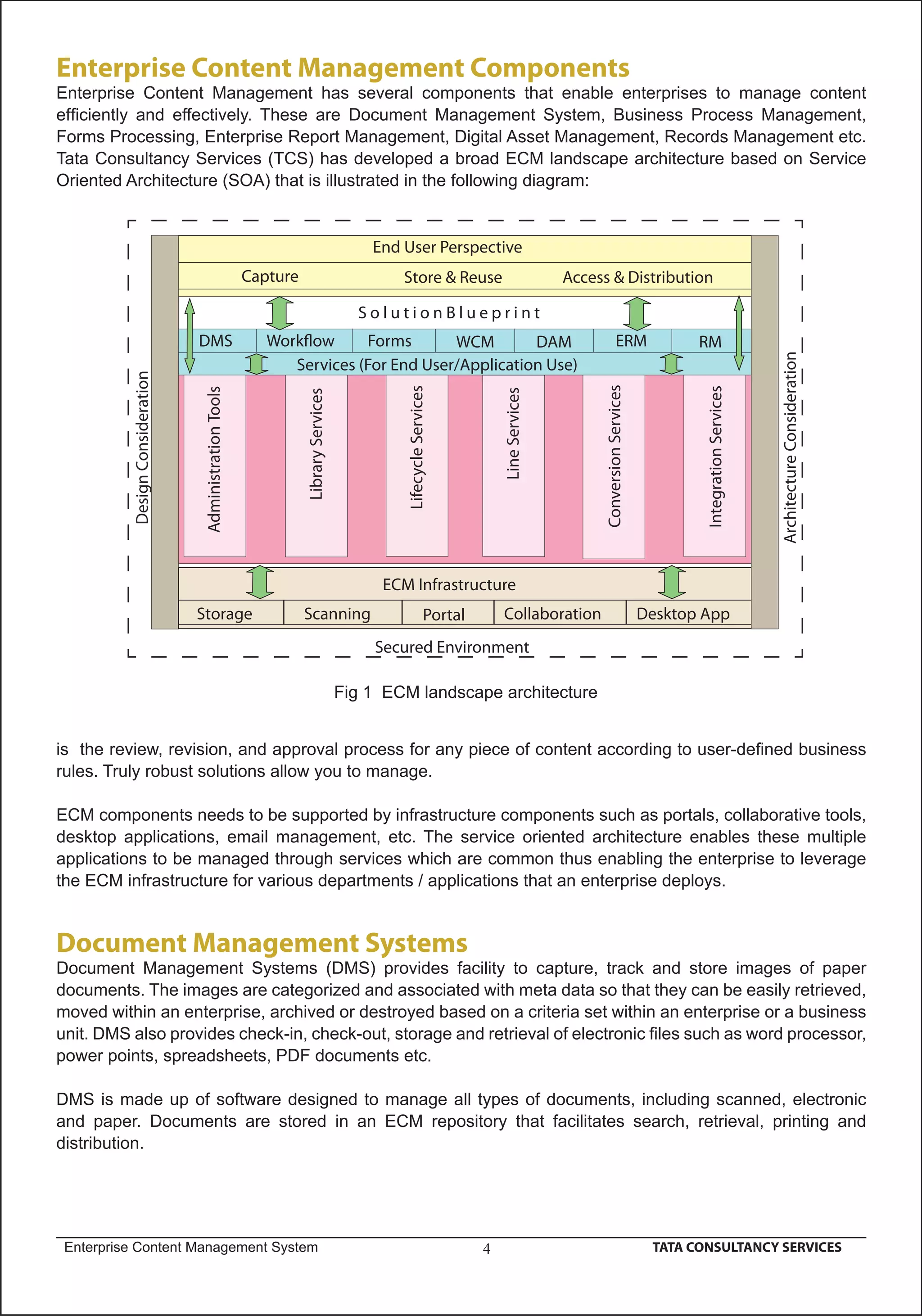 Enterprise Content Management Components
Enterprise Content Management has several components that enable enterprises to manage content
efﬁciently and effectively. These are Document Management System, Business Process Management,
Forms Processing, Enterprise Report Management, Digital Asset Management, Records Management etc.
Tata Consultancy Services (TCS) has developed a broad ECM landscape architecture based on Service
Oriented Architecture (SOA) that is illustrated in the following diagram:


                                                                                           End User Perspective
                                                          Capture                              Store & Reuse                              Access & Distribution

                                                                                         SolutionBlueprint
                                  DMS                                     Forms       WCM        DAM                                                    ERM                  RM




                                                                                                                                                                                                     Architecture Consideration
                                                                Services (For End User/Application Use)
           Design Consideration




                                                                                                                                                Conversion Services
                                                                                                Lifecycle Services




                                                                                                                                                                              Integration Services
                                   Administration Tools




                                                                                                                          Line Services
                                                                    Library Services




                                                                                            ECM Infrastructure
                                  Storage                           Scanning                                 Portal       Collaboration                               Desktop App
                                                                                           Secured Environment

                                                                                       Fig 1 ECM landscape architecture


is the review, revision, and approval process for any piece of content according to user-deﬁned business
rules. Truly robust solutions allow you to manage.

ECM components needs to be supported by infrastructure components such as portals, collaborative tools,
desktop applications, email management, etc. The service oriented architecture enables these multiple
applications to be managed through services which are common thus enabling the enterprise to leverage
the ECM infrastructure for various departments / applications that an enterprise deploys.


Document Management Systems
Document Management Systems (DMS) provides facility to capture, track and store images of paper
documents. The images are categorized and associated with meta data so that they can be easily retrieved,
moved within an enterprise, archived or destroyed based on a criteria set within an enterprise or a business
unit. DMS also provides check-in, check-out, storage and retrieval of electronic ﬁles such as word processor,
power points, spreadsheets, PDF documents etc.

DMS is made up of software designed to manage all types of documents, including scanned, electronic
and paper. Documents are stored in an ECM repository that facilitates search, retrieval, printing and
distribution.




 Enterprise Content Management System                                                                                 4                                                TATA CONSULTANCY SERVICES
 