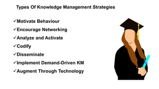 Types Of Knowledge Management Strategies
Motivate Behaviour
Encourage Networking
Analyze and Activate
Codify
Disseminate
Implement Demand-Driven KM
Augment Through Technology
 