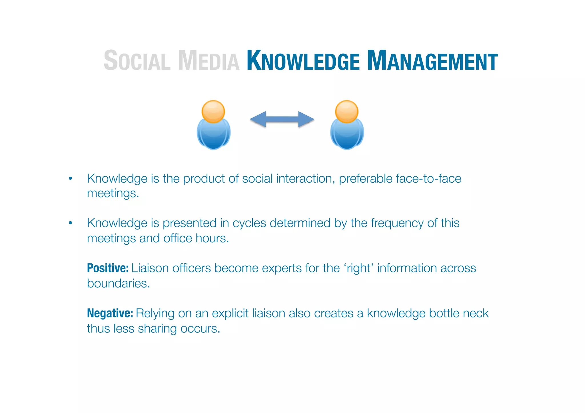 SOCIAL MEDIA KNOWLEDGE MANAGEMENT                                            




•  Knowledge is the product of social interaction, preferable face-to-face
   meetings.

•  Knowledge is presented in cycles determined by the frequency of this
   meetings and ofﬁce hours.


   Positive: Liaison ofﬁcers become experts for the ‘right’ information across
    boundaries.


   Negative: Relying on an explicit liaison also creates a knowledge bottle neck
    thus less sharing occurs. 
 
