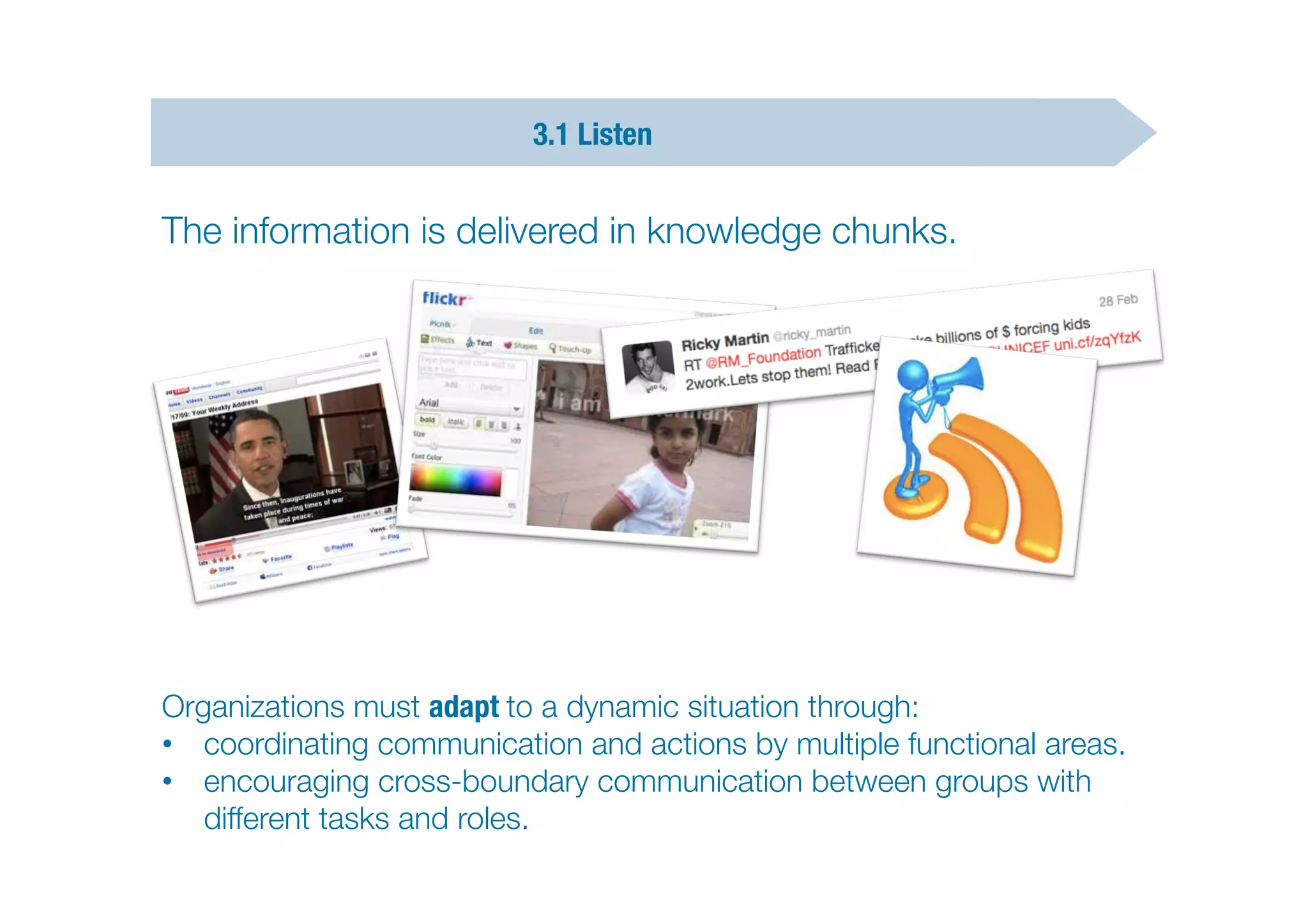 3.1 Listen


The information is delivered in knowledge chunks.




Organizations must adapt to a dynamic situation through: 
•  coordinating communication and actions by multiple functional areas.
•  encouraging cross-boundary communication between groups with
   different tasks and roles.
 