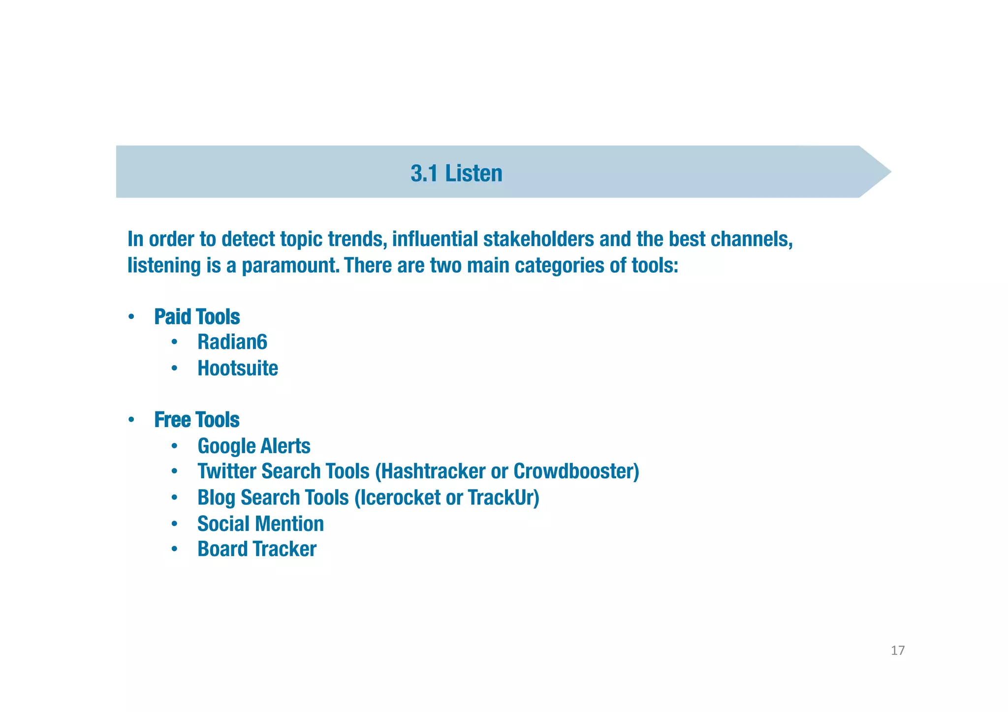 3.1 Listen

In order to detect topic trends, inﬂuential stakeholders and the best channels,
listening is a paramount. There are two main categories of tools:

•  Paid Tools
     •  Radian6
     •  Hootsuite
                                                 Text	
  “CLIC”	
  to	
  55668	
  

•  Free Tools
     •  Google Alerts
     •  Twitter Search Tools (Hashtracker or Crowdbooster)
     •  Blog Search Tools (Icerocket or TrackUr)
     •  Social Mention
     •  Board Tracker



                                                                                                       17	
  
 