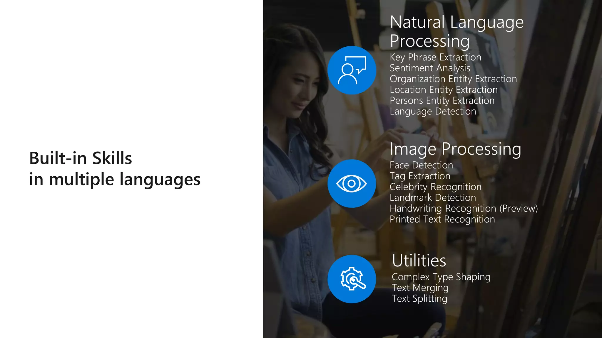 Key Phrase Extraction
Sentiment Analysis
Organization Entity Extraction
Location Entity Extraction
Persons Entity Extraction
Language Detection
Face Detection
Tag Extraction
Celebrity Recognition
Landmark Detection
Handwriting Recognition (Preview)
Printed Text Recognition
 